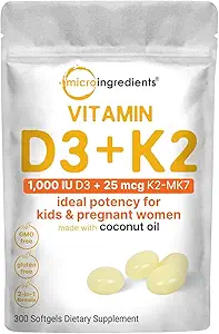 Mikro Malzemeler D3 1000 IU + K2 MK-7 25 mcg, 300 Softgels | Virgin Coconut Oil | 2in-1 Bone, Immune & Heart Support | Easy to Sw, Non-GMO
