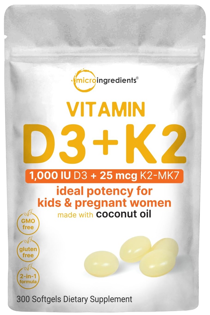 Mikro Malzemeler D3 1000 IU + K2 MK-7 25 mcg, 300 Softgels | Virgin Coconut Oil | 2in-1 Bone, Immune & Heart Support | Easy to Sw, Non-GMO