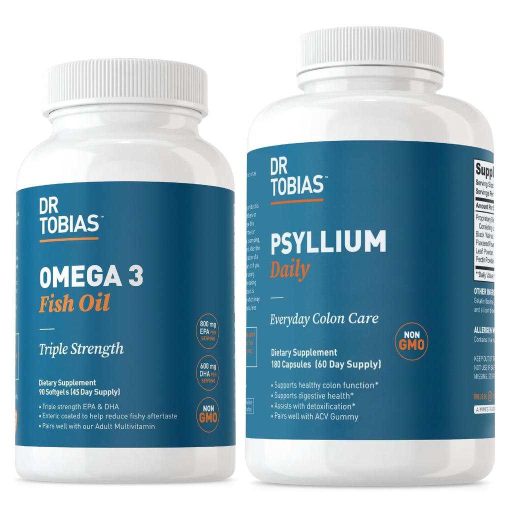 Dr. Tobias Omega 3 Fish Oil & Psyllium Καθημερινή Συμπληρώματα για την υποστήριξη της καρδιάς, του εγκεφάλου και του ανοσοποιητικού, Healthy Bowel Movement Supports με κάψουλες Psyllium Husk