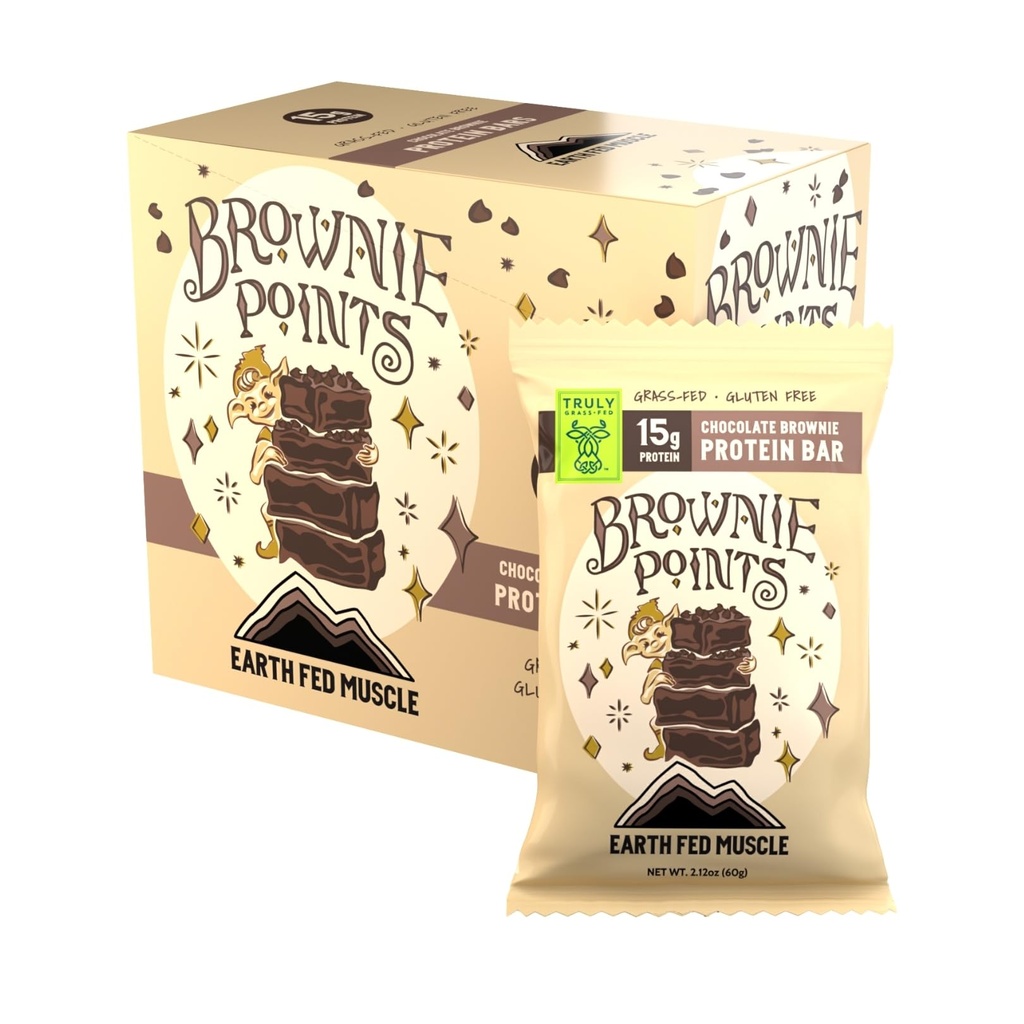 Earth Fed Muscle Brownie Points – Chocolate Brownie Grass Fed Whey Protein Bars | 15g Protein Snack | Gluten Free, Non-GMO, All-Natural Clean Energy | 2.12 oz Bars (10 Count)