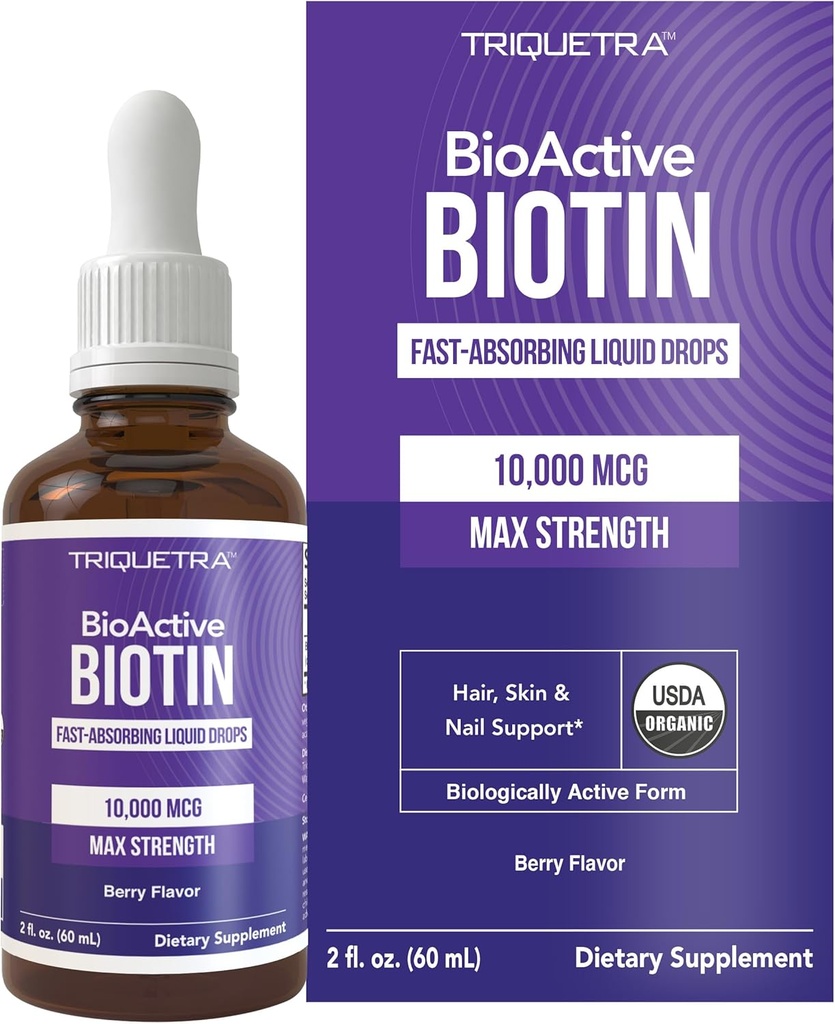 Triquetra Health Biotin Hair Support for Women – Organic 10000mcg USP Grade – Premium συμπλήρωμα υγρών για υψηλή απορρόφηση – Υποστηρίζει υγιή μαλλιά, δέρμα & νύχια – Berry Flavor – 180 Σερβιέτες – 2 oz