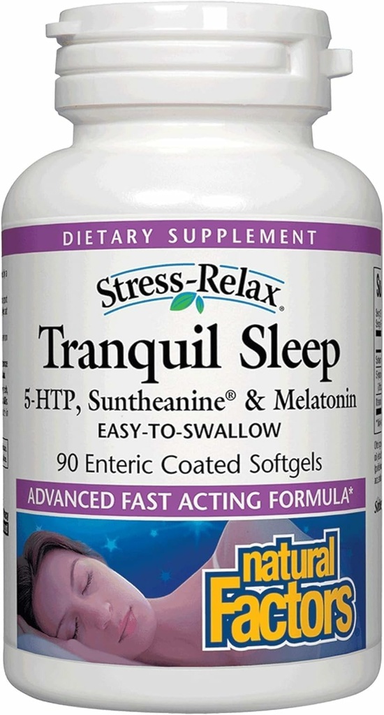Stres-Relax Tranquil Sleep by Natural Factors, Sleep Aid with Suntheanine L-Theanine, 5-HTP, Melatonin, 90 Softgels