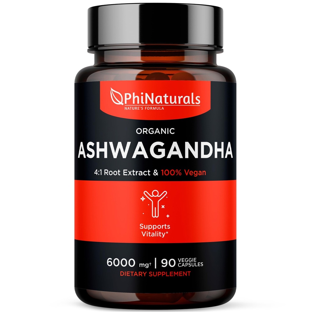 PhiDoğals Organik Ashwagandha Root Extract in Vegan Capsules Equal to 6000 Mg Root - Erkekler ve Kadınlar için 1500 Mg Per 30 Hizmet Ediyor - 500 mg Per Vegan Capsule 90 Count