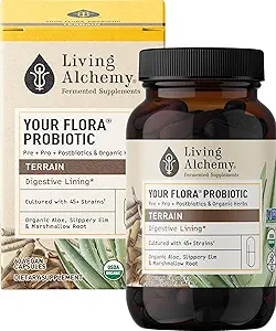Your Flora Probiyotik Terrain – Non-GMO Probiyotiks with Fermented Soybean, Aloe Vera, & Slippery Elm for Gut Balance & Digestion – Prebiyotiks, Postbiyotiks, Digestive Enzymes – Living Alchemy, 60 Adet