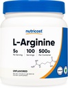 Nutricost L-Arginine Toz 500 Grams (1.1lbs) - Pure L-Arginine Toz - 5000 mg Per Servis; 100 Hizmet