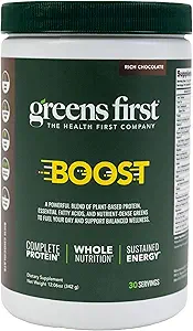 Greens First Boost - Πρωτεΐνη Βασισμένη σε φυτά & Ισορροπημένη Διατροφή - Superfood Shake Mix - Χωρίς σιτάρι ή σόγια - Γαλακτοκομικά-Vegan - Ολλανδική σοκολάτα, 12,28 oz.