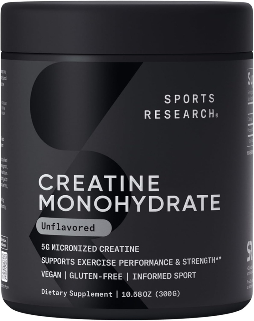 Sports Research Creatine Monohydrate - Κερδίστε Lean Μύες, Βελτιώστε την απόδοση και τη δύναμη και την υποστήριξη Ανάκτηση προπόνησης - 5 g Micronized Creatine - 10,58 oz