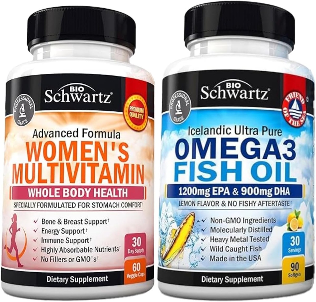 Kadınlar Kapsülleri için Günlük Multivitamin (1 Ay Supply) Plus Triple Strength Omega Omega 3 Fish Oil Softgels (1 Ay Supply)