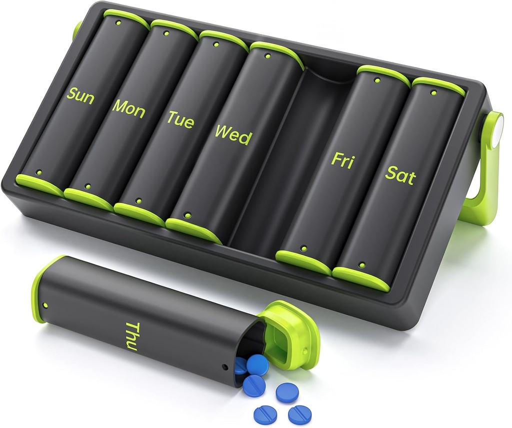 Haftalık Pill Organizer 2 Times a Day, KOVIU Büyük Seyahat Pill Box 7 Gün, Am Pm Two Daily Pill Case with Rotatable Crime, Pill Holder Container for Vitamin, Medicine, Supplement, Fish Oil, Green