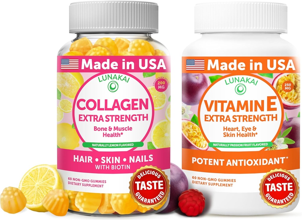 Lunakai Collagen ve Vitamin E Gummies Sche - Erkekler ve Kadınlar için Hiçbir Zaman Anti Aging Supplements - Vitamin C & 250 mg Natural VIT E