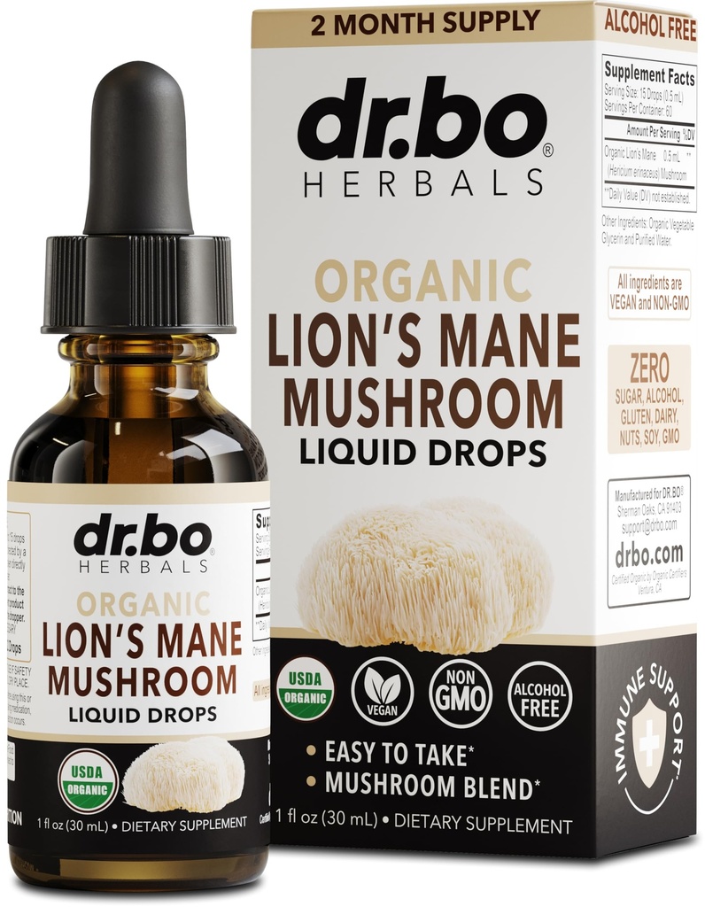 Lions Mane Mushroom Supplement Drops - Organik Lion's Mane Mushroom Liquid Tincture for Focus, Fog Brain Health Supplements - Vegan Herbal Nervine Nootropic Organic Lions Sıvı Supplement 1oz