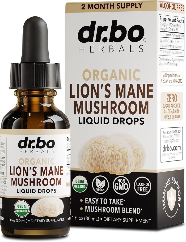 Lions Mane Mushroom Supplement Drops - Organik Lion's Mane Mushroom Liquid Tincture for Focus, Fog Brain Health Supplements - Vegan Herbal Nervine Nootropic Organic Lions Sıvı Supplement 1oz