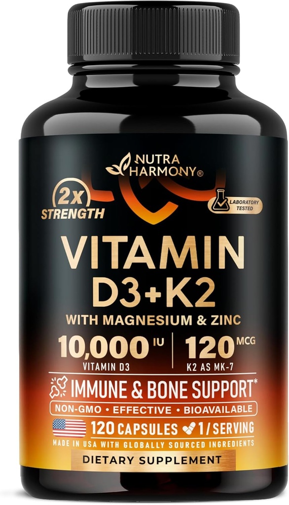 D3 K2 - D3 10000 iu & K2 MK-7 120 mcg - Immune & Mood Support, Bone & Dental Health - Magnezyum, çinko & C & B12 - Yüksek Biyo kullanılabilir - ABD'de 120 Capsules - Immune & Mood Support, Bone & Teeth Health - with Magnezyum, çinko & L & C & B12 - Highly Bio available - Made in USA, 120 Capsules