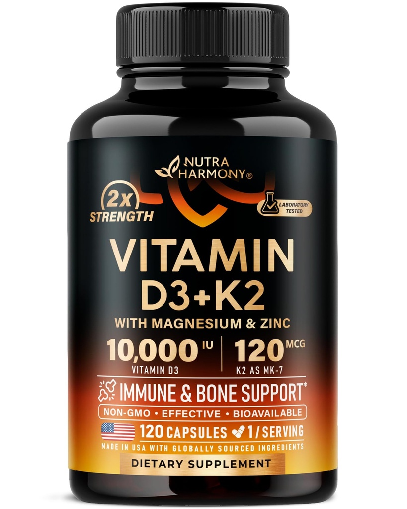 D3 K2 - D3 10000 iu & K2 MK-7 120 mcg - Immune & Mood Support, Bone & Dental Health - Magnezyum, çinko & C & B12 - Yüksek Biyo kullanılabilir - ABD'de 120 Capsules - Immune & Mood Support, Bone & Teeth Health - with Magnezyum, çinko & L & C & B12 - Highly Bio available - Made in USA, 120 Capsules