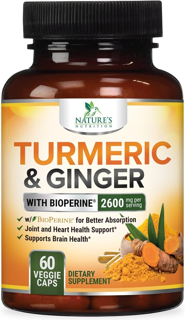 Turmeric Curcumin Supplement 2600 mg - Organik Ginger & Turmeric, BioPerine Black Pepper % 95 Curcuminoids - Gelişmiş Abors & Antioksi Ekstra Güç Desteği - 60 Capsules