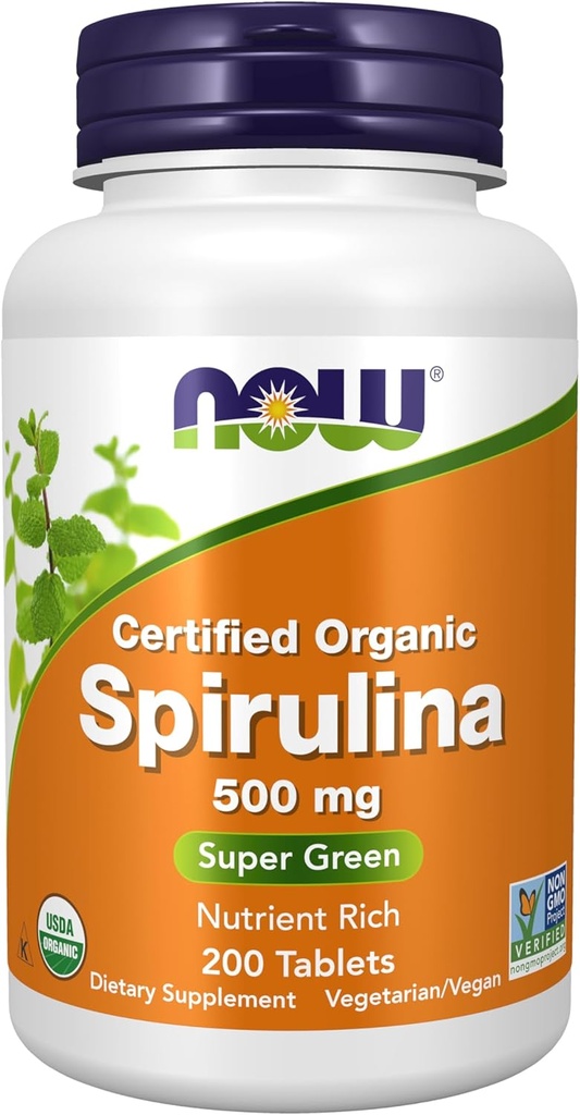 NOW Συμπληρώματα Τροφίμων, Βιολογική Spirulina 500 mg με Βιταμίνες, Ορυκτά και GLA (Gamma- Linolenic Acid), 200 δισκία