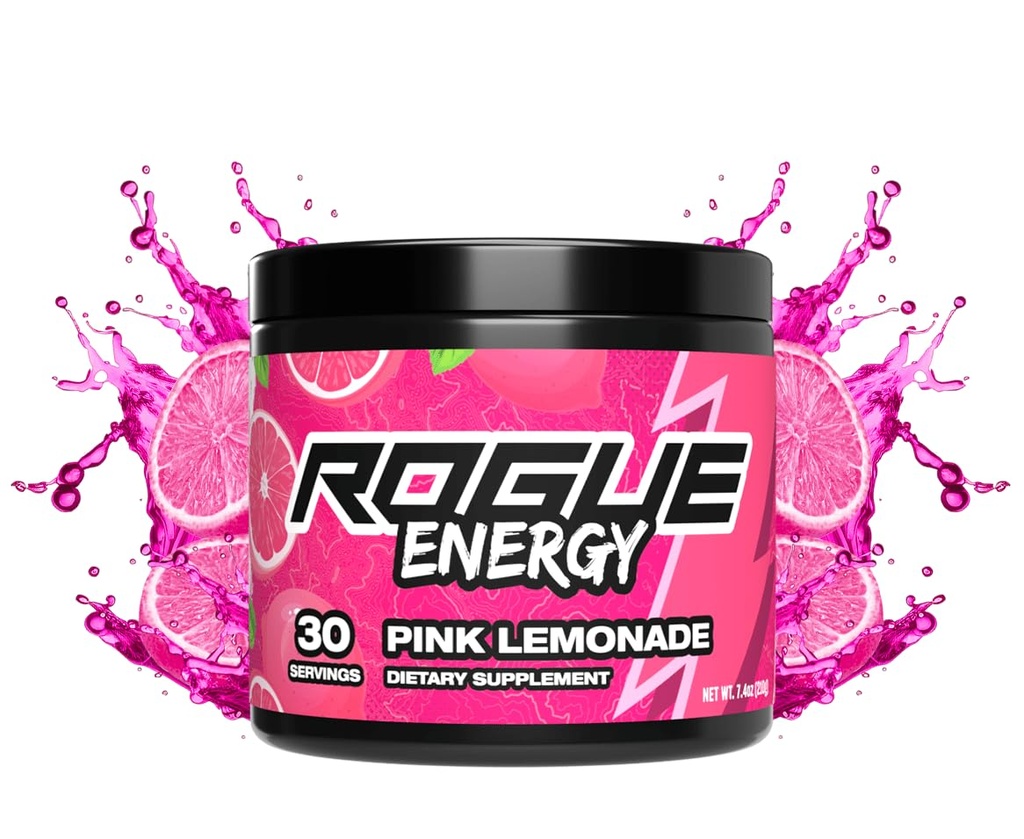 Rogue Energy Drink Powder for Long Gaming Hours - Gaming Energy Powder for Mental Focus - Sugar & Gluten Free - Gaming Supplement with Caffeine & Vitamins - Made in USA (Pink Lemonade - 30 Servings)