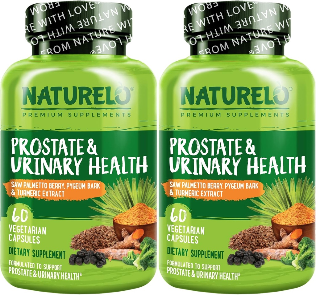 NATLO Prostate & Urinary Health, Comprehensive Formula with Saw Palmetto, Pisageum, Tumeric, Plant Sterols, Broccoli ve Lycopene, 60 Vegetarian Capsules (Pack of 2)