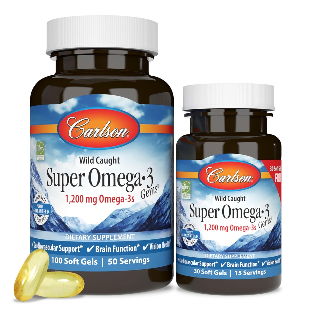 Carlson - Super Omega-3 Gems, EPA ve DHA ile 1200 mg Omega-3 Fatty Asits, Wild-Caught Norveç Supplement, Sustainable Sourced Fish Oil Capsules, Omega 3 Supplements, 100+30 Softgels