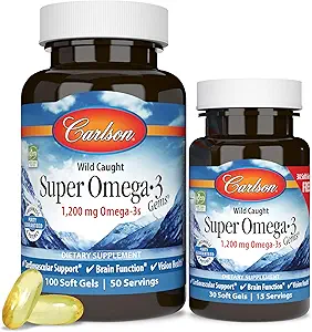 Carlson - Super Omega-3 Gems, EPA ve DHA ile 1200 mg Omega-3 Fatty Asits, Wild-Caught Norveç Supplement, Sustainable Sourced Fish Oil Capsules, Omega 3 Supplements, 100+30 Softgels