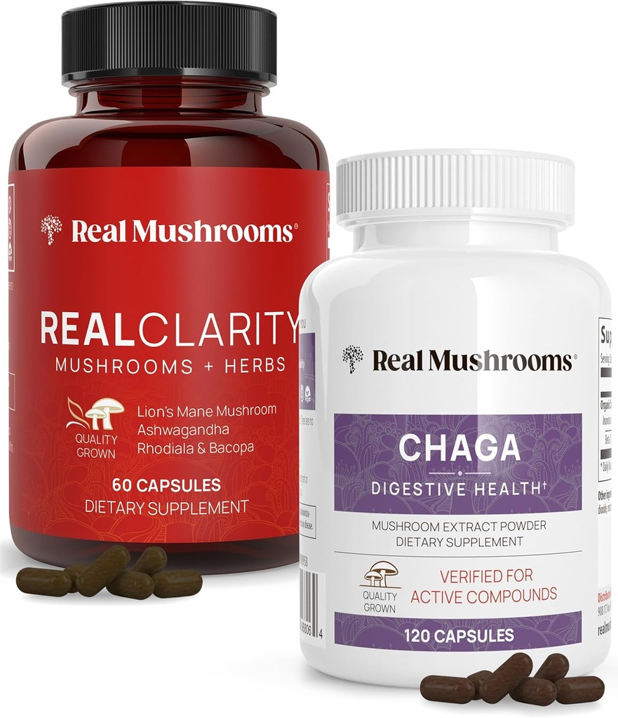 Real Mushrooms RealClarity (60ct) and Chaga (120ct) Κάψουλες Bundle - Mushroom Supplement for Mental Clarity, Focus, Digestive Health & Immune Support - Vegan, Non-GMO, Επαληθευμένα Επίπεδα Βήτα-Γλουκάνων