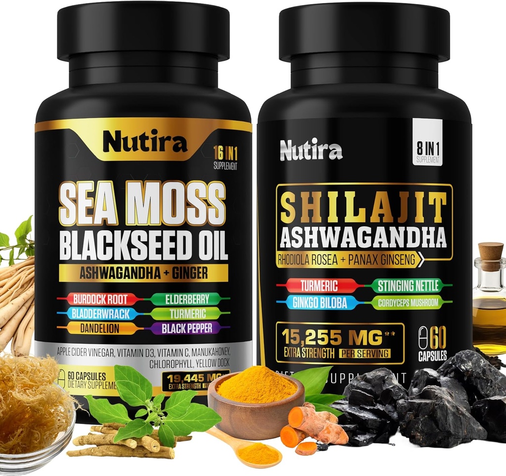 Sea Moss & Shilajit Multivitamin Bundle - Sea Moss 7000mg, Shilajit 9000mg, Black Seed Oil 4000mg, Ashwagandha 2000mg, Ginger & Rhodiola Rosea 1000mg, Όλα σε 1 Συμπληρώματα (60 Count) (1 Pack)