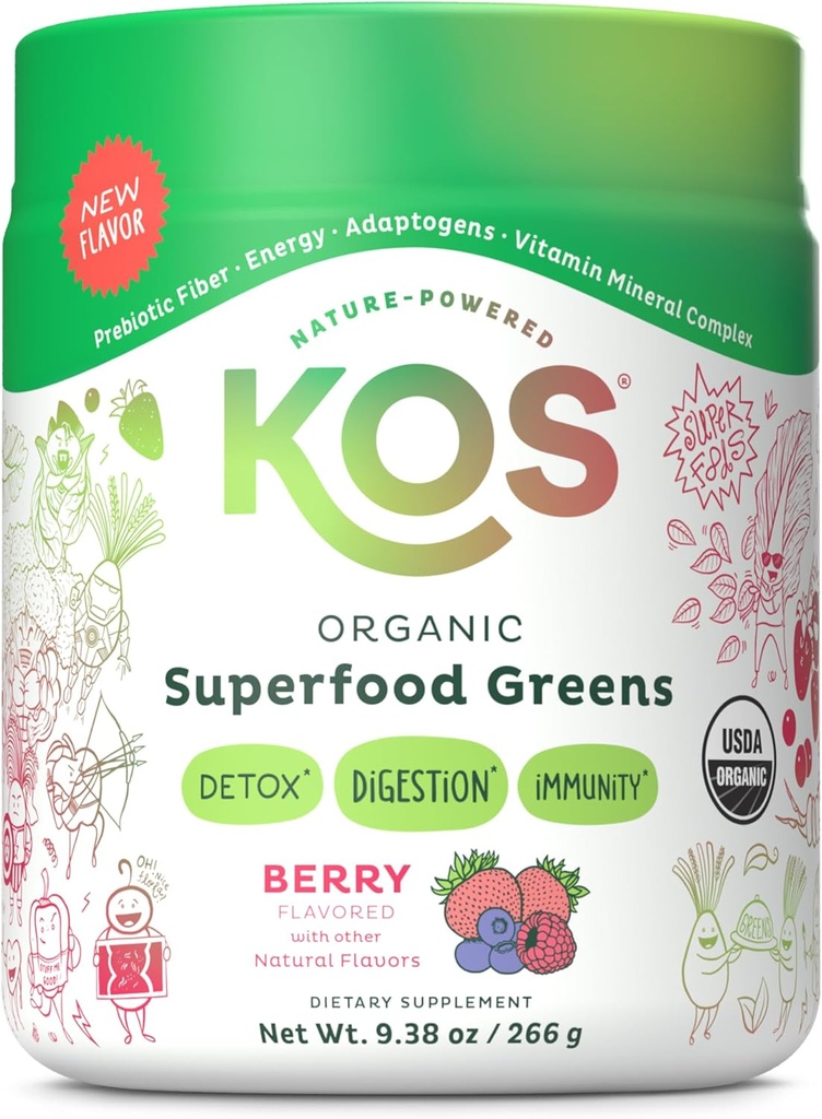 KOS Organik Superfood Greens Toz - Prebiyotik Fiber, Supergreens ve Adaptogens - USDA sertifikalı Organik, GMP sertifikalı Bir Tesiste Yaptı - 28 Hizmetler Berry