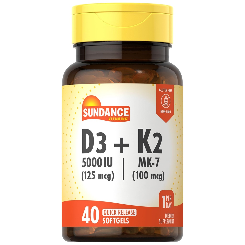 Sundance Vitamin D3 K2 | 40 Quick Release Softgels | 5000 IU | Non-GMO and Gluten Free Supplement