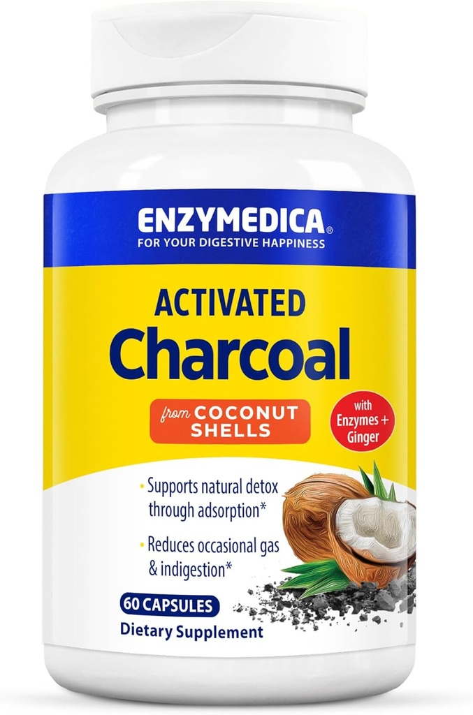 Enzymedica, Aktif Charcoal, Occasional Gas, Bloating & Indigestion, Supports Natural Detox, 60 Count