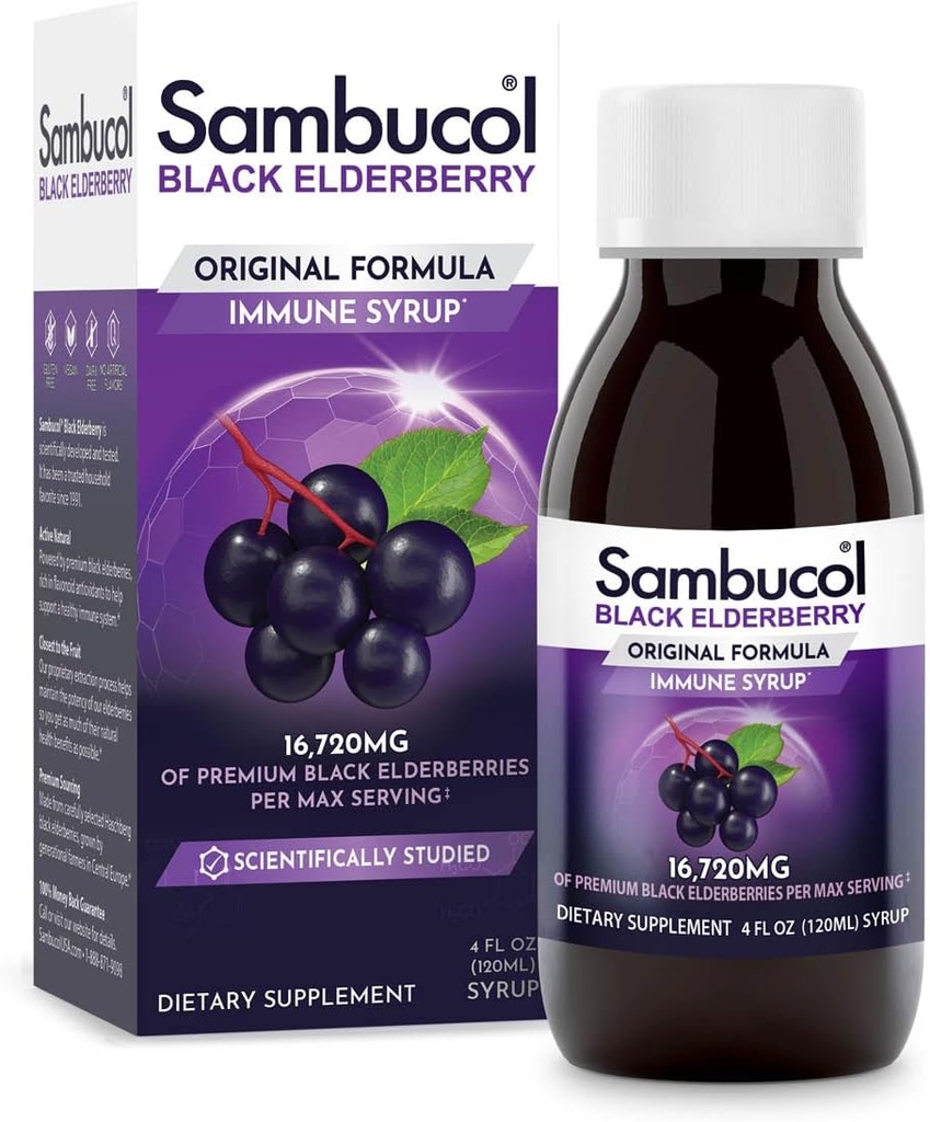 Sambucol Black Elder Syrup – Sambucus Elderberry Syrup, Black Elderberry, Immune Support, Elderberry Syrup for Kids and Yetişkinler, High Antioksis, Gluten Free - Original Formula, 4 Fl Ozrup
