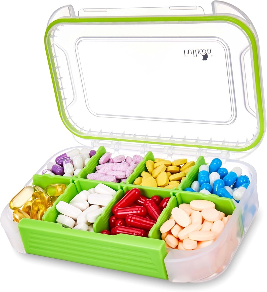 Fullicon Large Pill Organizer 8 Karşılaştırmalı, Moisture Kanıt Seyahat Pill Box with Reforce Divider, Daily Pill Container with Lables, Pill Case for Vitamin, Fish Oil, Supplement (Clear Green)