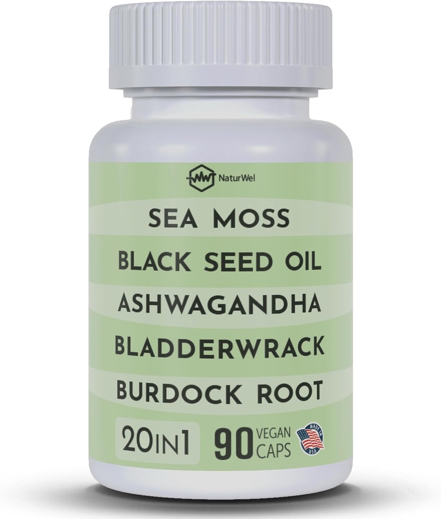 Μαύρο Λάδι Σπόρου 3000mg θαλασσινό Moss 3000mg Ashwagandha 1000mg Turmeric 1000mg Burdock 1000mg Bladderwrack 1000mg & Elderberry Manuka Chlorophyl Dandelion Yellow Dock - (90 Caps Pack of 1)