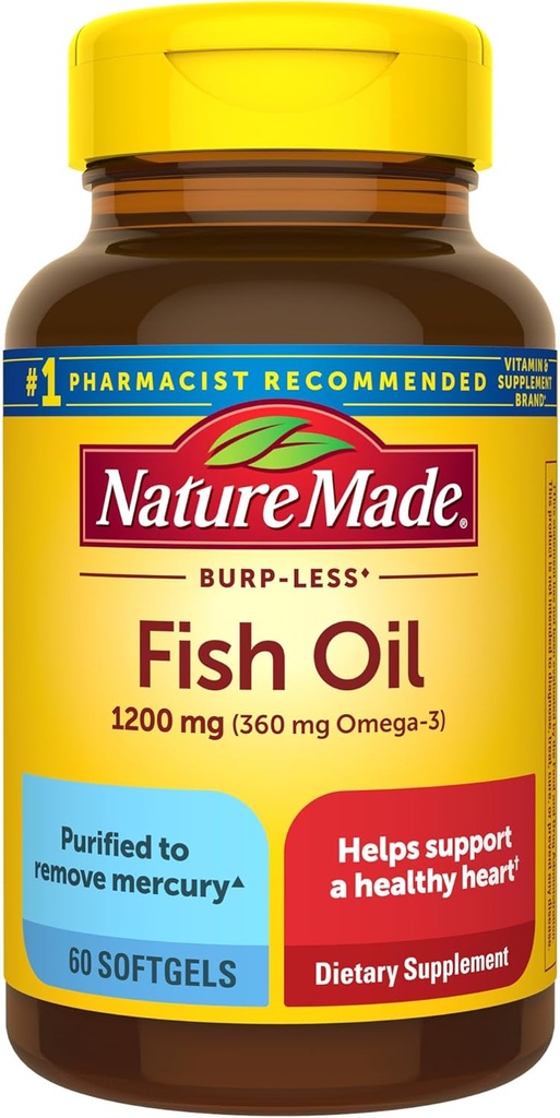 Nature Made Burp Less Fish Oil Omega 3 Supplements, 1200 mg Softgels, EPA DHA Omega 3 Fish Oil Supplements for Health Heart Support, 60 Softgels, 30 Day Supply Supply
