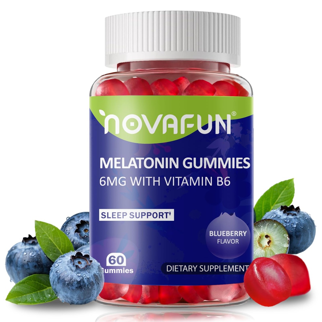 Melatonin Gummies 6mg, with Vitamin B6, Blueberry Flavor Chewable for Adult, Vegetarian & Gluten-Free, 60 Count
