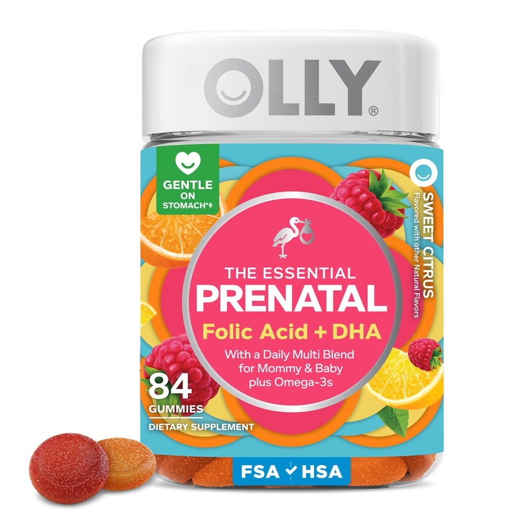 OLLY Απαραίτητη προγεννητική Gummy πολυβιταμίνη, φολικό οξύ, βιταμίνη D, Ωμέγα 3 DHA, υποστηρίζει υγιή ανάπτυξη και την ανάπτυξη του εγκεφάλου, εσπεριδοειδή μούρο - 84 κόμης