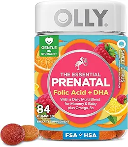 OLLY Essential Prenatal Gummy Multivitamin, Folic Asit, Vitamin D, Omega 3 DHA, Sağlıklı Büyüme ve Beyin Gelişimini Destekler, Citrus Berry - 84 Count 84 Count
