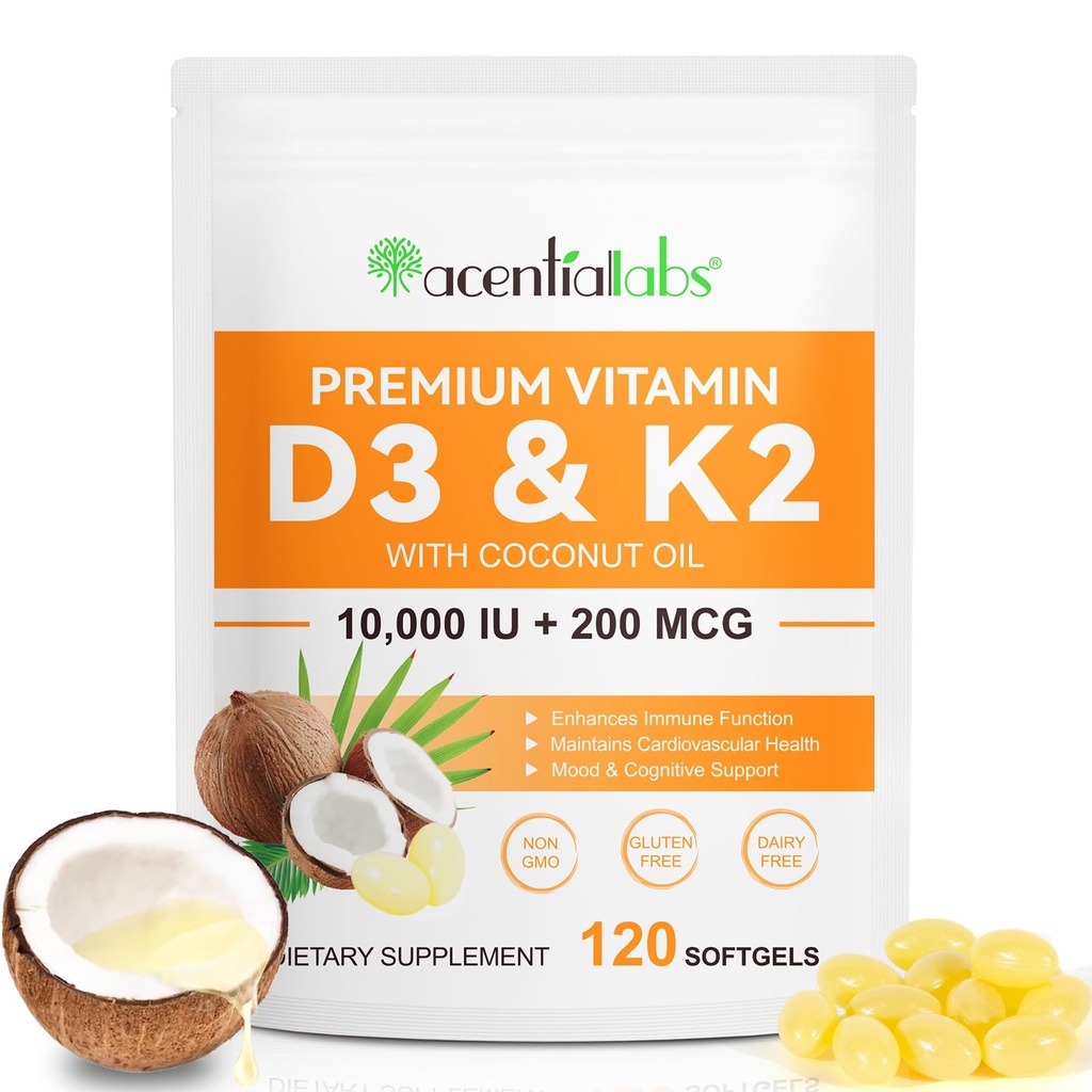 D3 K2 Supplement Softgels, 10000 IU VIT D3 + 200 MCG K2 (MK-7) | 2in-1 Replenish Formula ile Coconut Yağı ile Destekler, Kalsiyum Aborpsiyonunda Destekler, Easy to Swallow 120 Capsules.