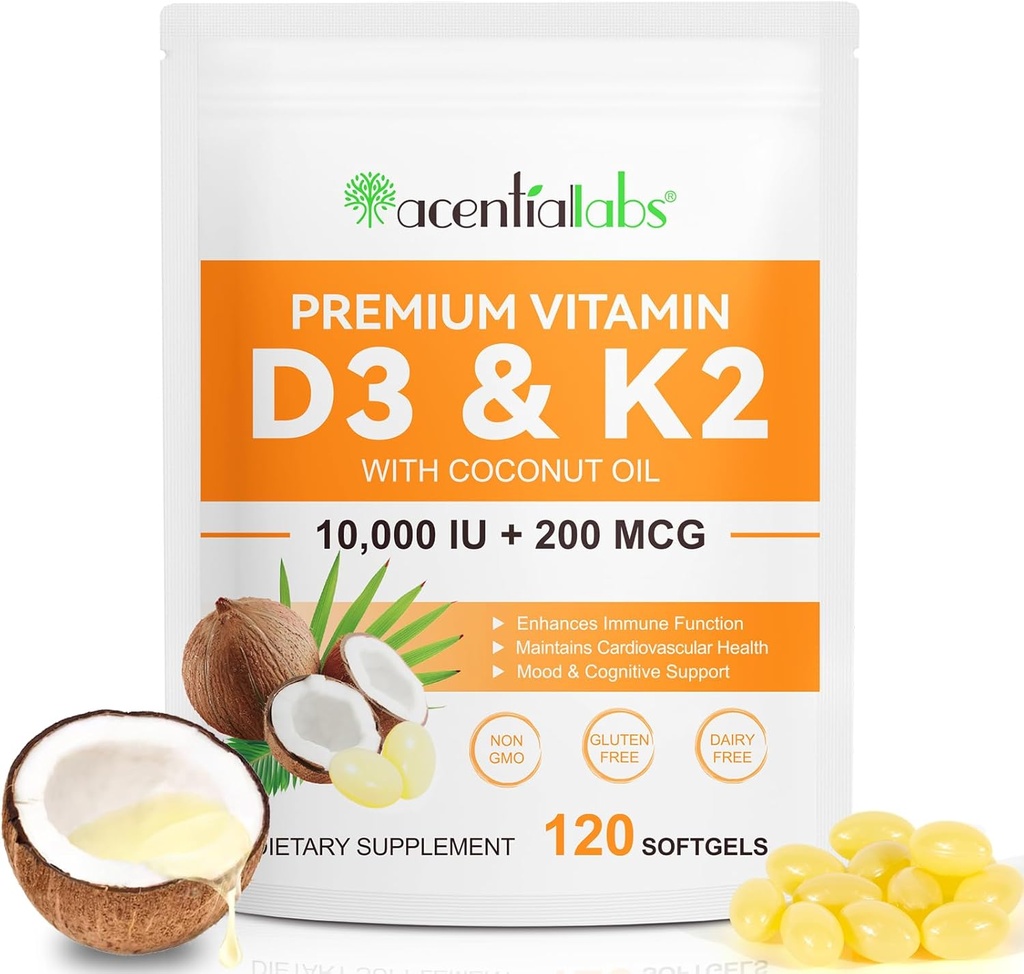 D3 K2 Supplement Softgels, 10000 IU VIT D3 + 200 MCG K2 (MK-7) | 2in-1 Replenish Formula ile Coconut Yağı ile Destekler, Kalsiyum Aborpsiyonunda Destekler, Easy to Swallow 120 Capsules.