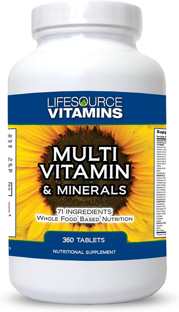 LifeSource Vitamins LifeSourceVitamins Ολόκληρα τρόφιμα Πολυβιταμίνες & Ορυκτά με 71 Όλα τα φυσικά συστατικά, προβιοτικά, διεγερτικά ένζυμα, χημικά ορυκτά και μη ΓΤΟ, 360 δισκία