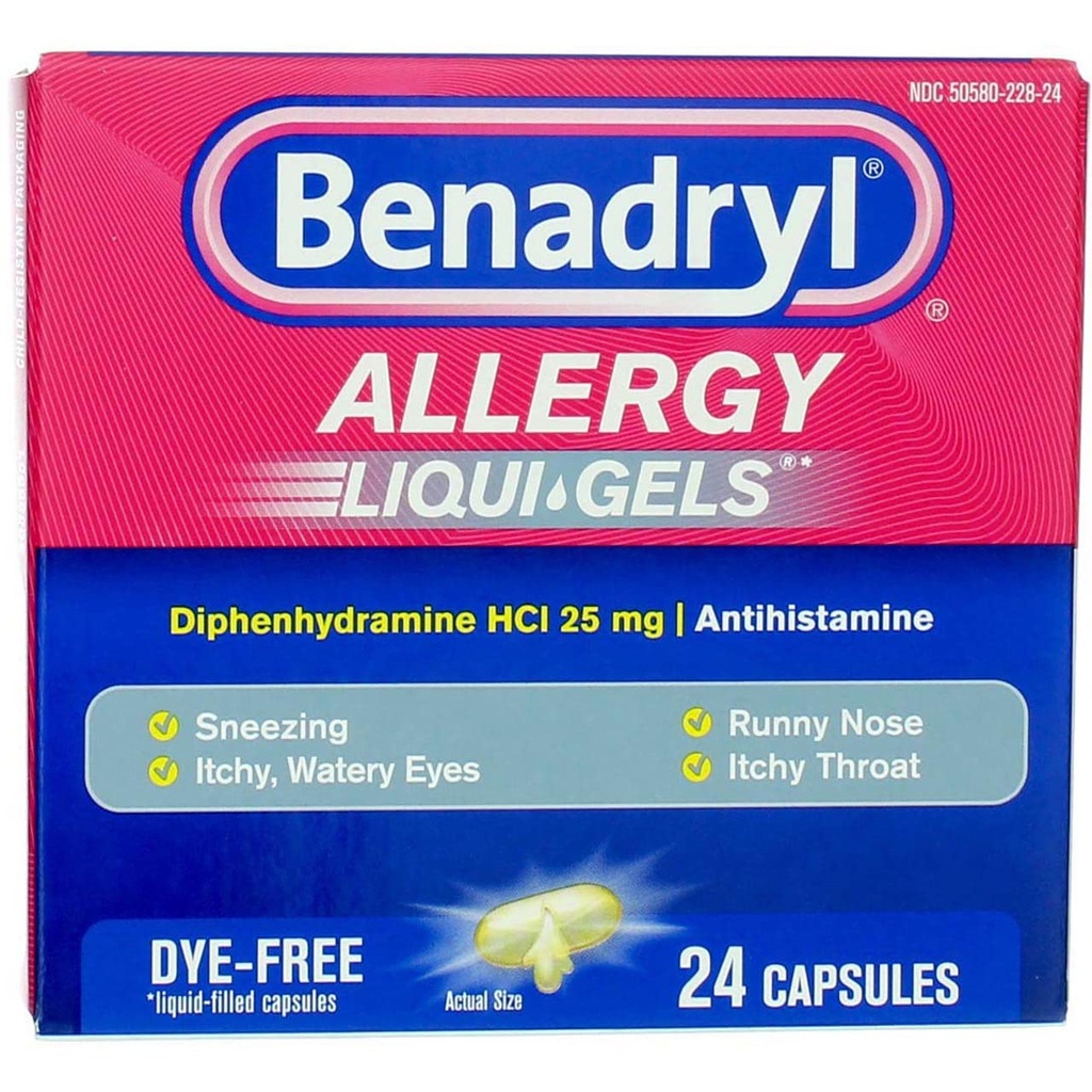 Benadryl Liqui-Gels Antihistamine Allergy Medicine & Cold Symptom Relief, Dye-Free Liquid Gelcaps with 25 mg of Diphenhydramine HCl for Symptoms Such As Runny Nose, Sneezing & More, 24 ct (Pack of 4)