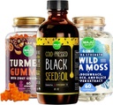 Maju Superfoods Black Seed Oil, 4-in-1 Sea Moss Capsules ve Turmeric Curcumin Ginger Gummies Sche