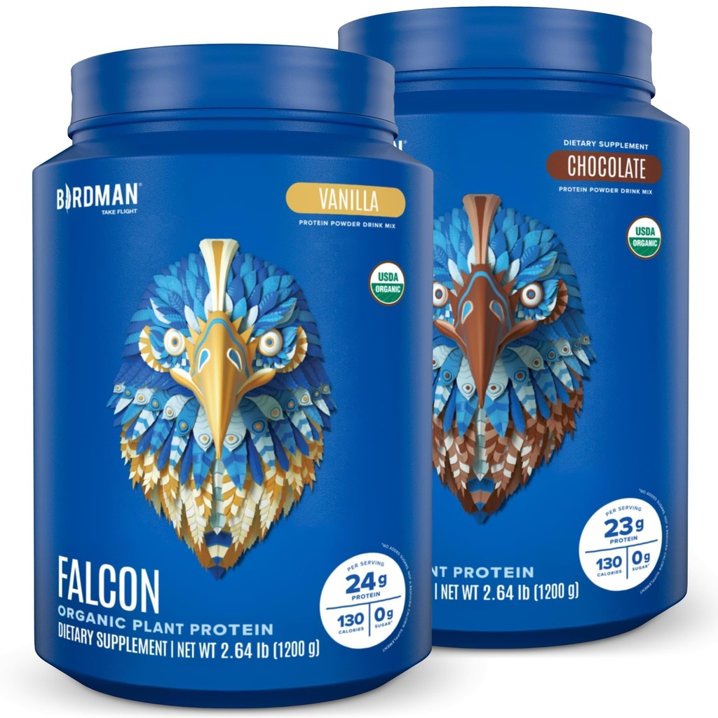 BIRDMAN Falcon Vegan Protein Powder Organic, Stevia & Sugar Free, Plant Based, Low Carb, Dairy Free, Keto, Non Whey, Probiotic, Pea Protein | Combo Pack: Vanilla & Chocolate Flavors - 40 Servings Each