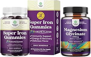 Bundle of Delicious Iron Gummies for Women and Men - Iron Supplement for Women and Men with Vitamin C for Higher Absorption and Pure Magnesium Glycinate 400mg Per Serving for Mood Sleep and Relaxation