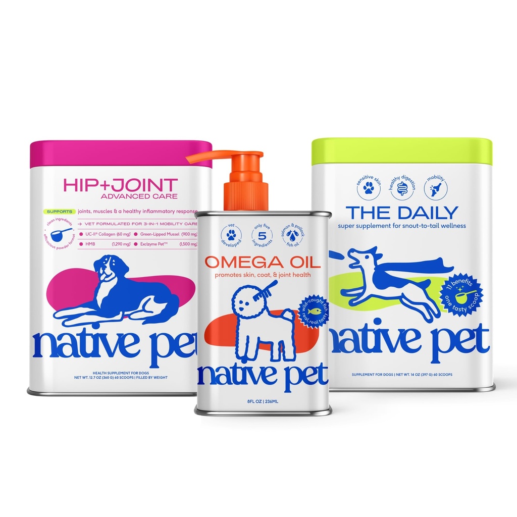 Native Pet Daily Wellness Bundle – 11-in-1 Dog Vitamins and Supplements, Omega 3 Fish Oil for Dogs & Dog Joint Supplement Powder – Supports Gut, Skin, Coat, Heart Health & Advanced Joint Support