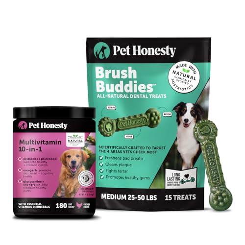 Pet Honesty Dog Wellness Virtual Bundle – 10-in-1 Multivitamin Supplement (Chicken, 180 Ct) + Brush Buddies Dental Sticks for Medium Dogs (15 Ct) – Daily Health & Dental Support