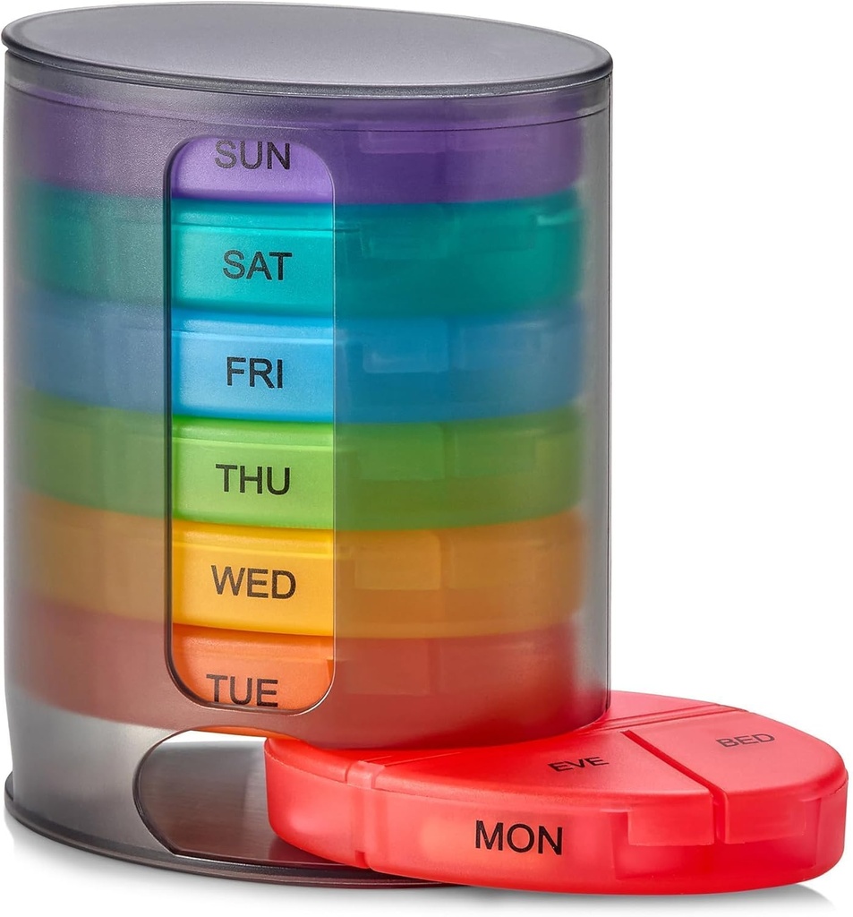 MEDca Weekly Pill Organizer, 1 Terry, 7 Stackable Multi-Renk Karşılaştırması Four Times-a-Day - Morning, Noon, Evening, and Bedtime, Black