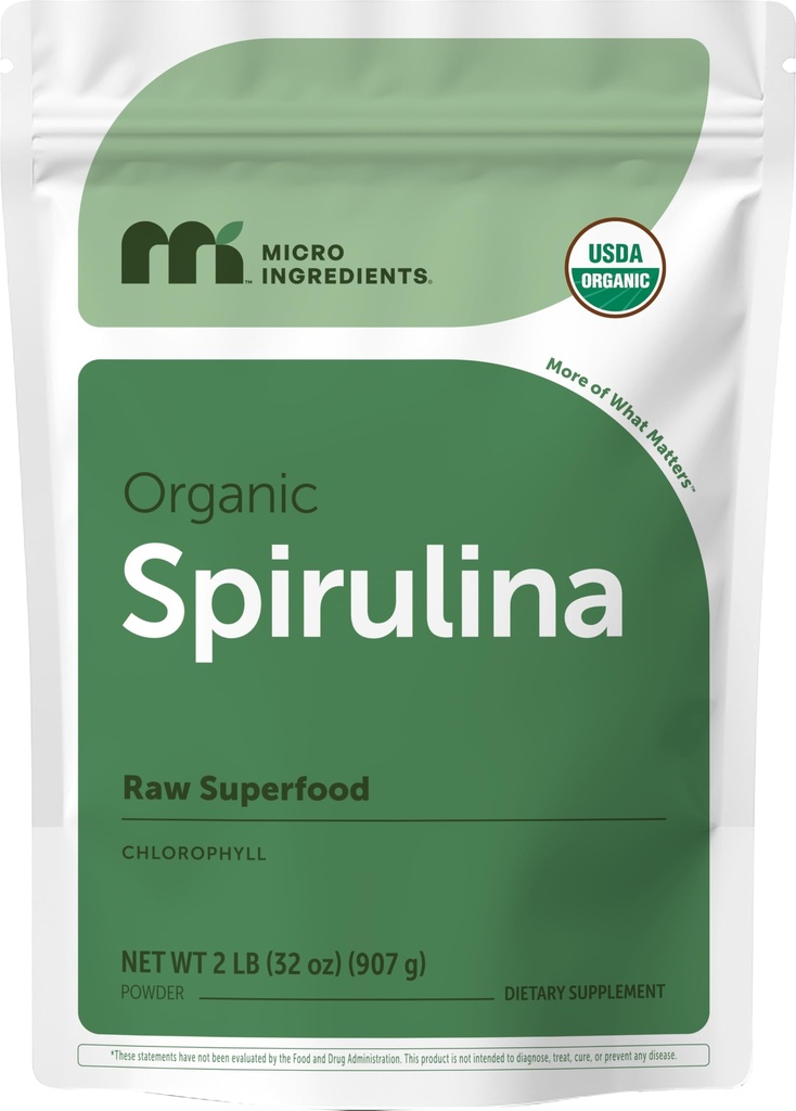 Micro Ingredients Organic Spirulina Powder, 2lb | Blue-Green Algae, Rich in Vegan Protein, Vitamins & Minerals | Source of Natural Chlorophyll & Enzymes | Non-GMO, Gluten-Free, No Additives