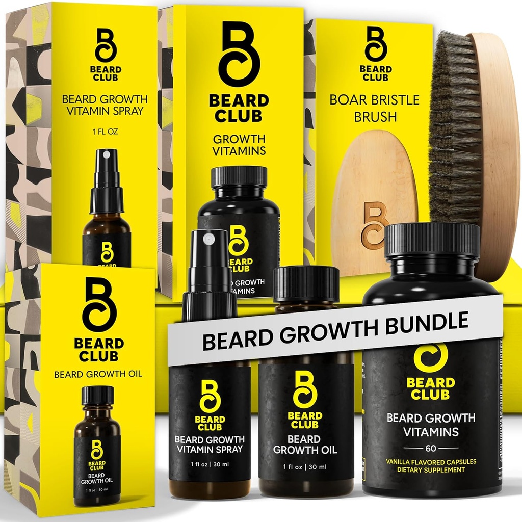 Beard Club Premium Beard Growth Kit - Έλαιο ανάπτυξης, Βιταμίνες, Βιταμίνη Spray & Βούρτσα βραστήρα - σετ δώρου