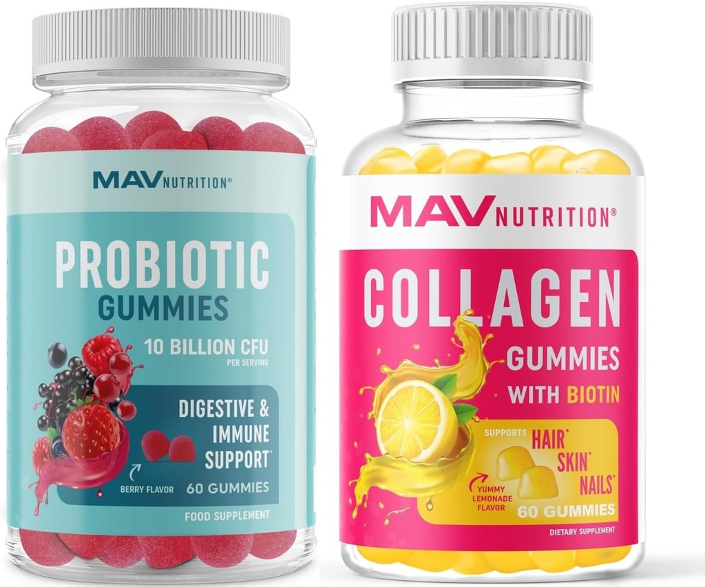 MAV NUTRITION Collagen Gummies for Women and Probiyotik Gummies | Saç, Skin, Nails ve Gut Health Support with Biotin, Vitamin C, and 5 Milyar C | 60 Gummies Every