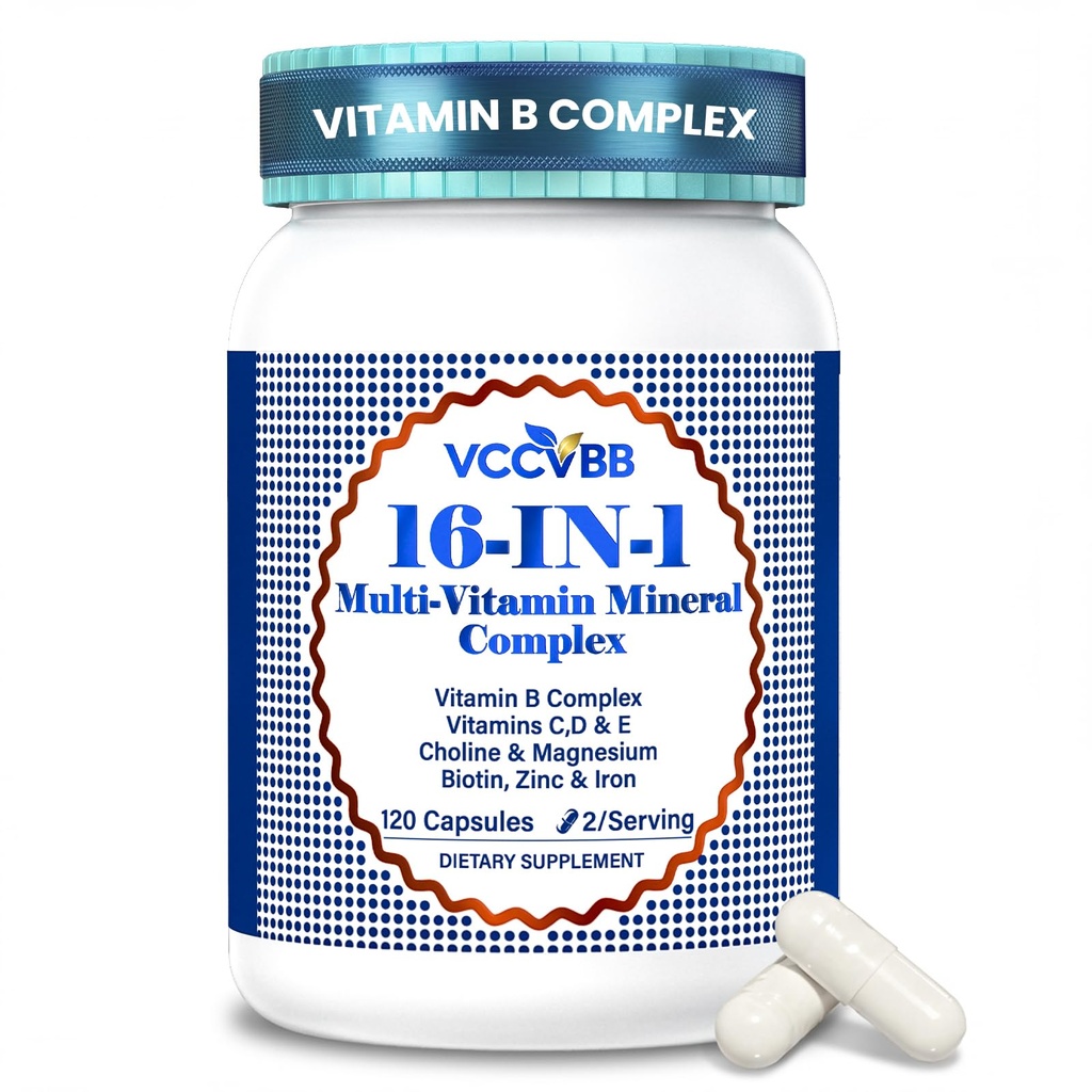 16-in-1 Vitamin B Complex Multivitamin for Women & Men, Methylated B12, Vitamin D3 + K2, Iron, Zinc, Choline & Inositol, Daily Energy, Focus & Immune Support, 120 Vegan Capsules